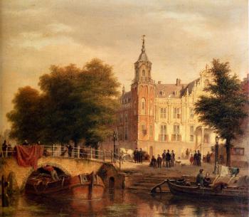 Bartholomeus Johannes Van Hove : A Sunlit Townview With Figures Gathered On A Square Along A Canal